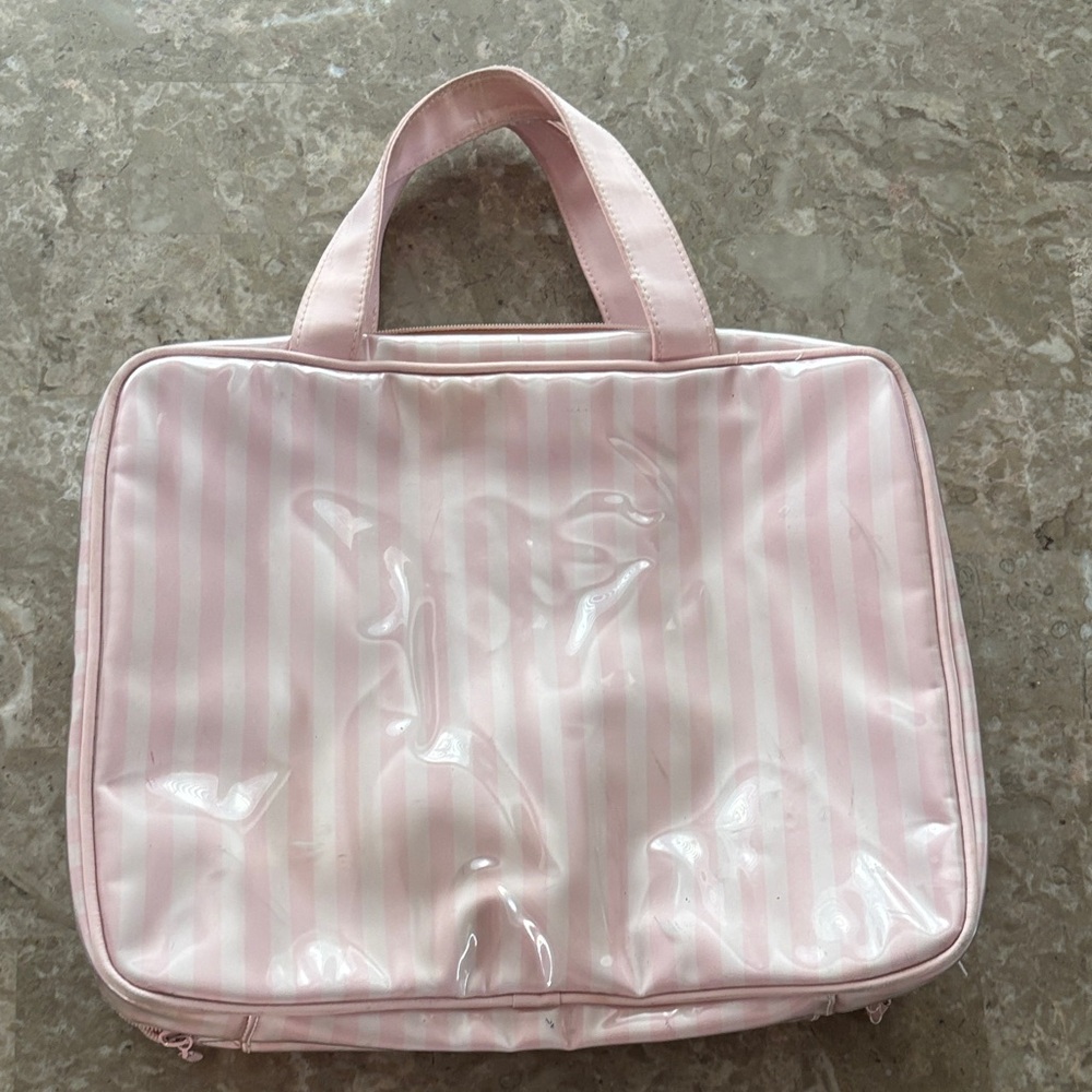 VICTORIAS SECRET SIgnature Pink Striped Multi Pocket Cosmetic Bag